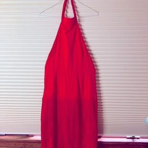 Anthropologie Red Halter Fringe Midi-dress.